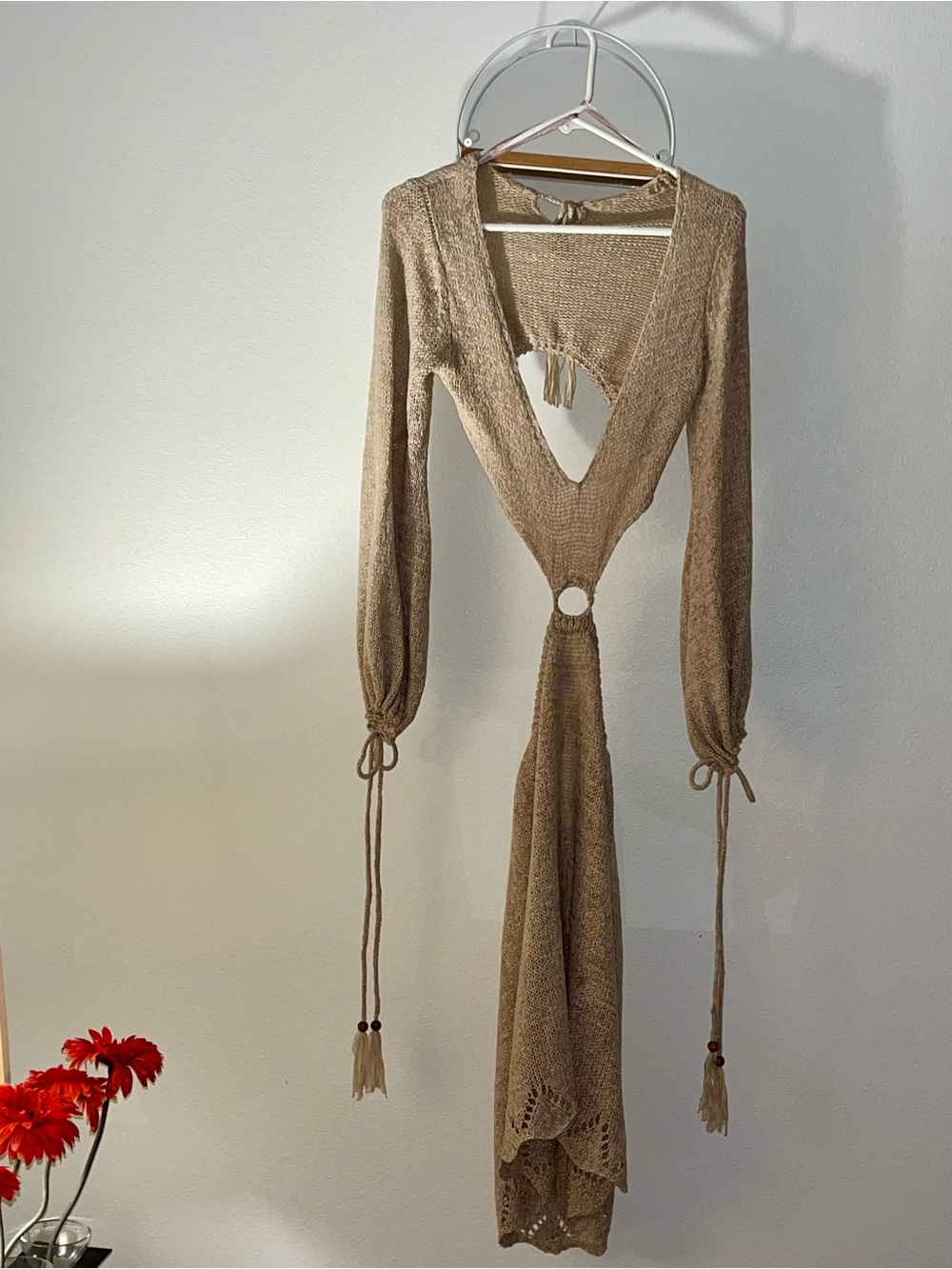 Beige Knit Open-Front cut out mini Dress
